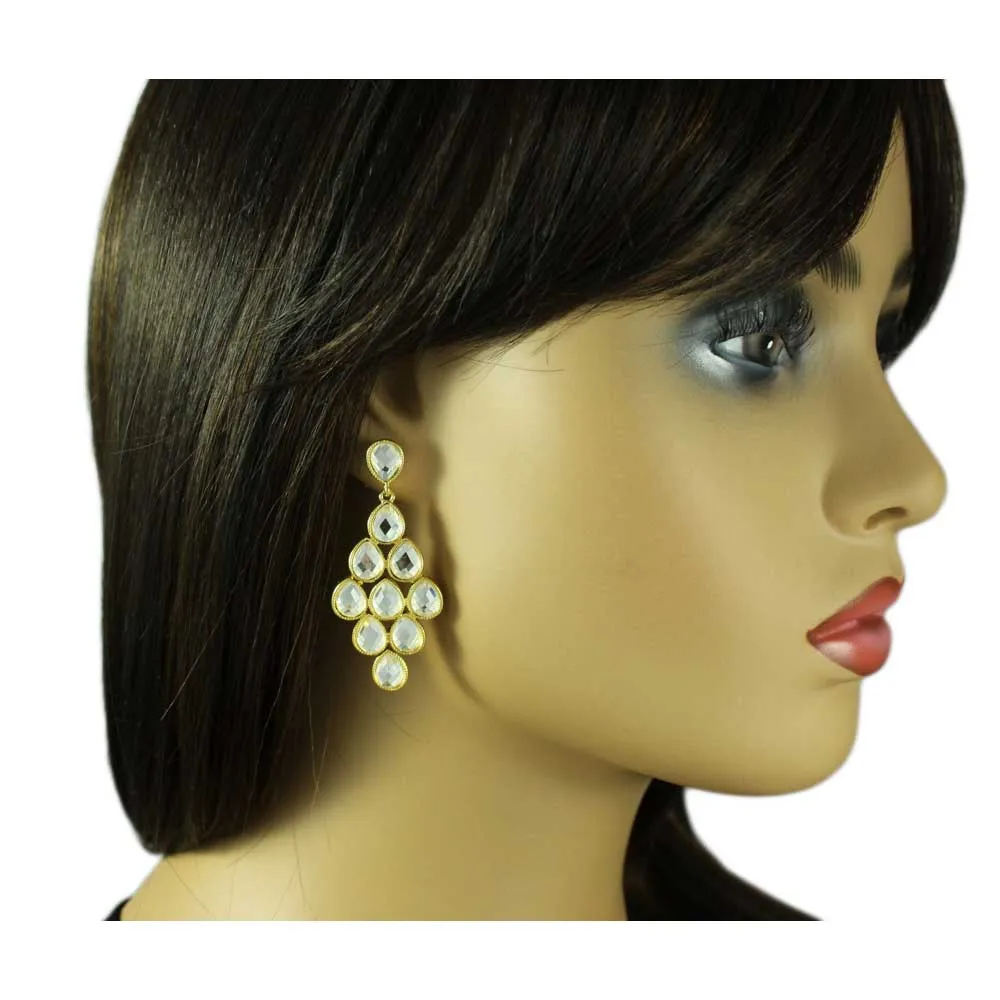 Gold with Dangling Clear Teardrops Pierced Earring - REC553