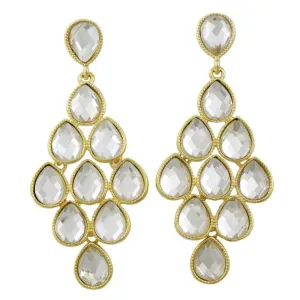 Gold with Dangling Clear Teardrops Pierced Earring - REC553