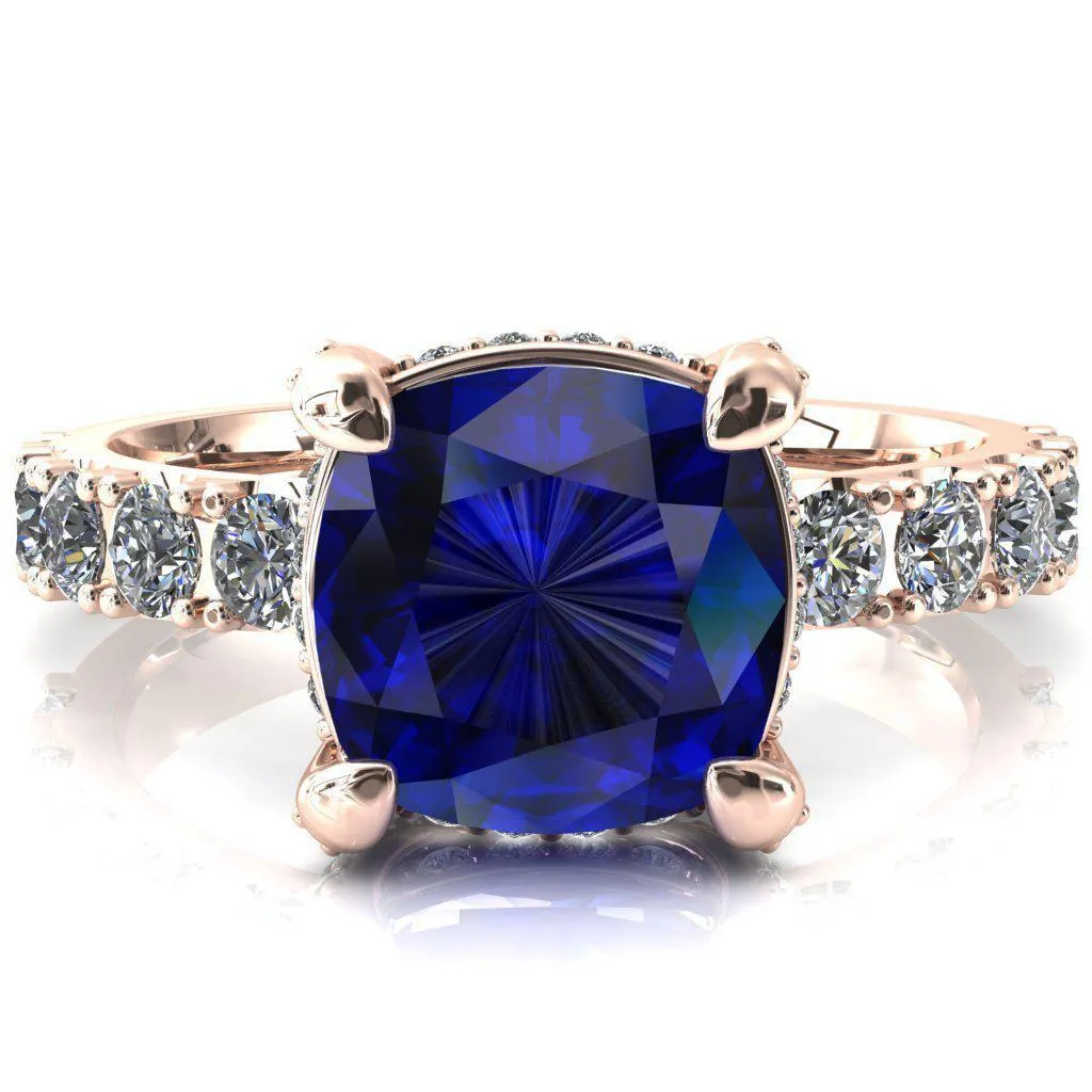 Grandeur Cushion Blue Sapphire 4 Prong Basket and Half Eternity Fire Ring