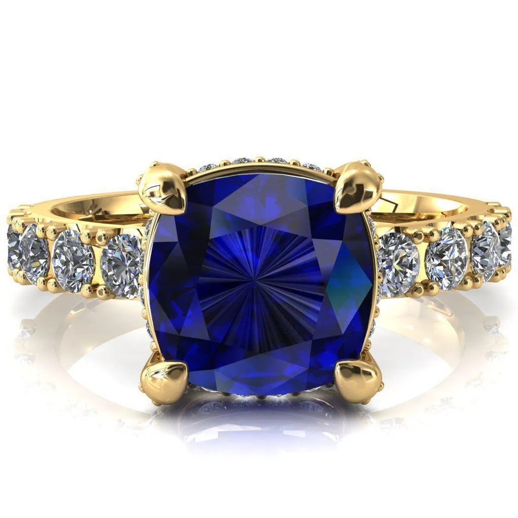 Grandeur Cushion Blue Sapphire 4 Prong Basket and Half Eternity Fire Ring