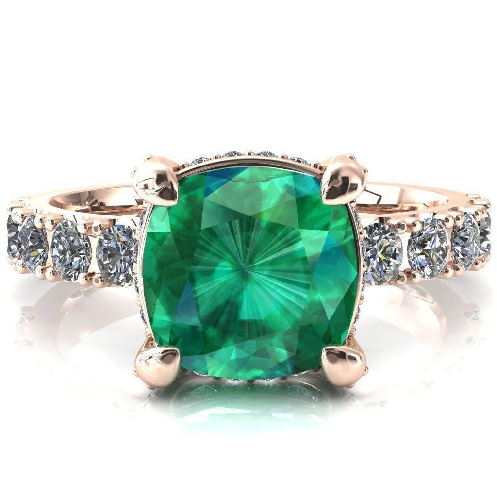 Grandeur Cushion Emerald 4 Prong Basket and Half Eternity Fire Ring