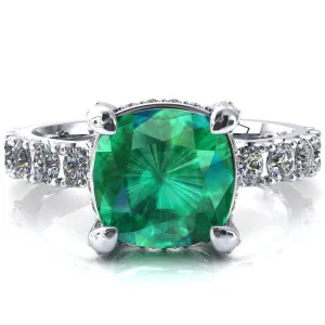 Grandeur Cushion Emerald 4 Prong Basket and Half Eternity Fire Ring