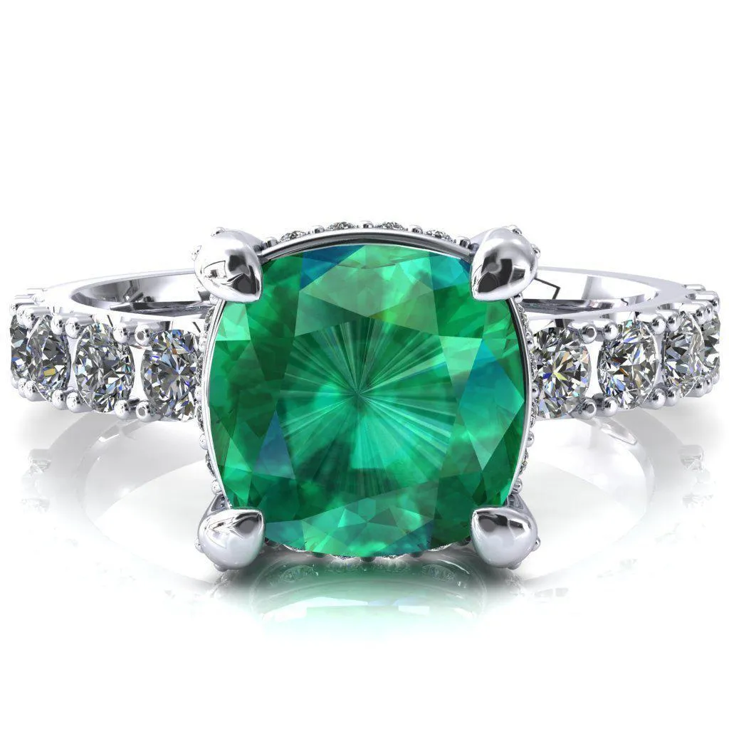 Grandeur Cushion Emerald 4 Prong Basket and Half Eternity Fire Ring
