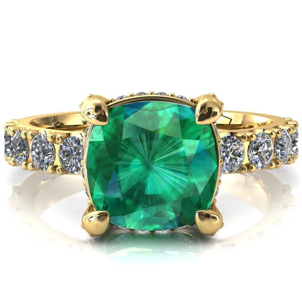 Grandeur Cushion Emerald 4 Prong Basket and Half Eternity Fire Ring