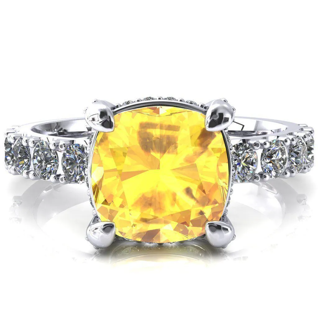 Grandeur Cushion Yellow Sapphire 4 Prong Basket and Half Eternity Fire Ring