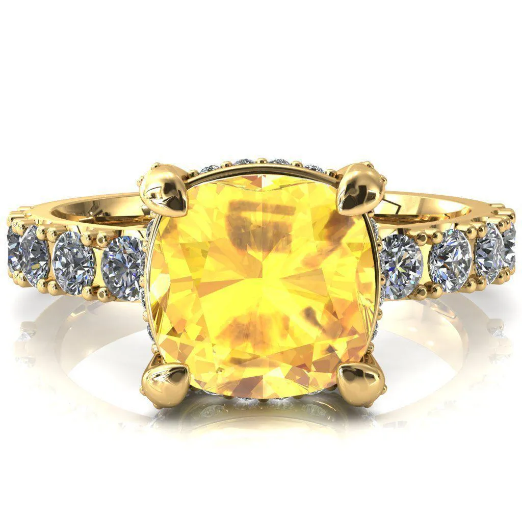 Grandeur Cushion Yellow Sapphire 4 Prong Basket and Half Eternity Fire Ring