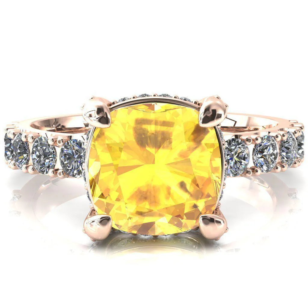 Grandeur Cushion Yellow Sapphire 4 Prong Basket and Half Eternity Fire Ring