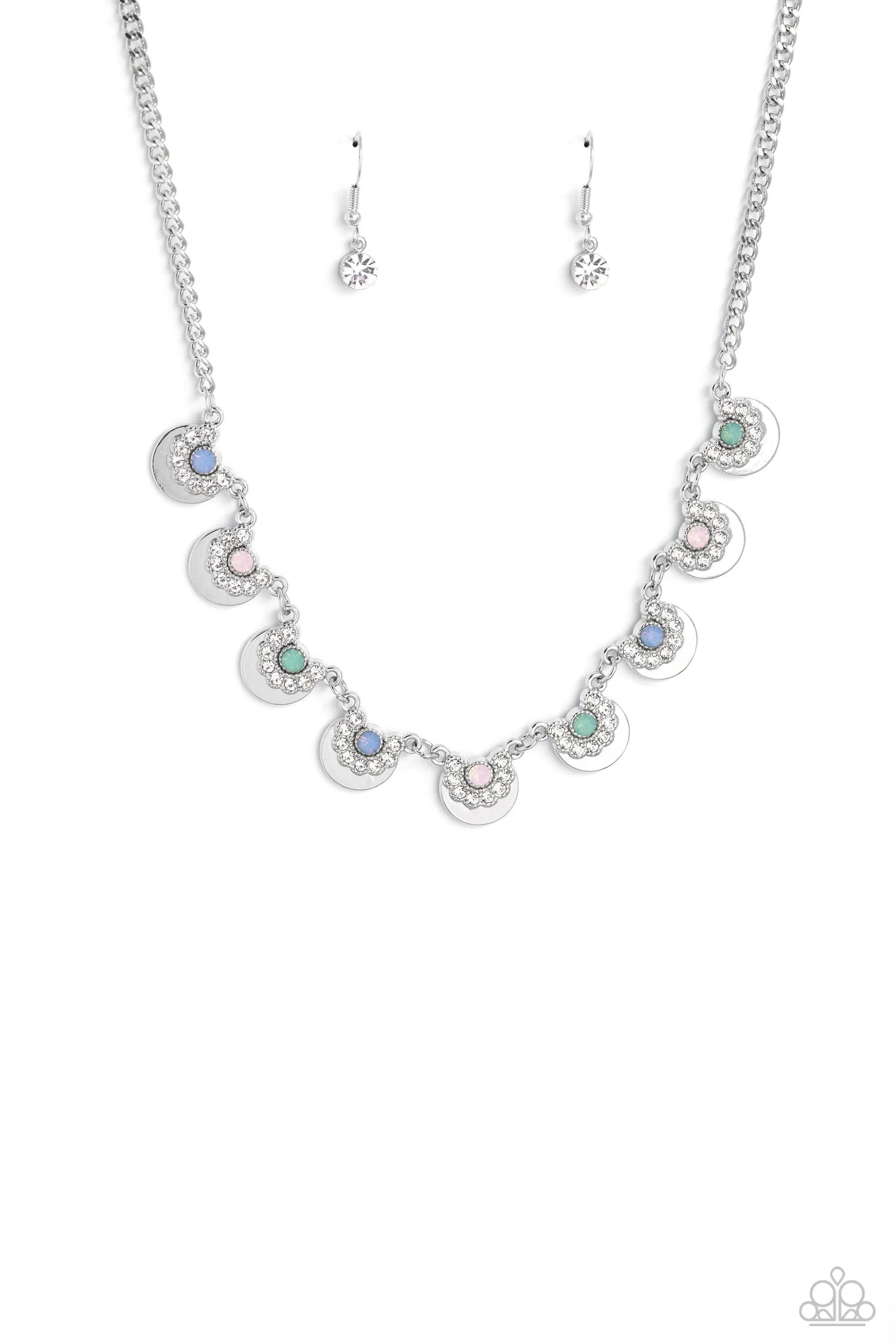 Grandiose Grace - Multi - Opalescent Bead White Rhinestone Silver Disc Paparazzi Short Necklace