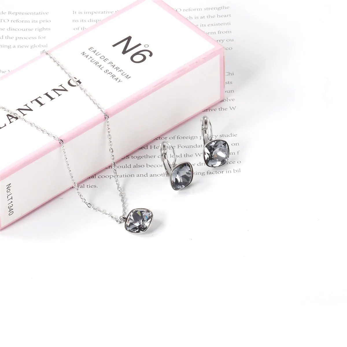 Gray Crystal & Silver-Plated Square Leverback Earrings & Pendant Necklace