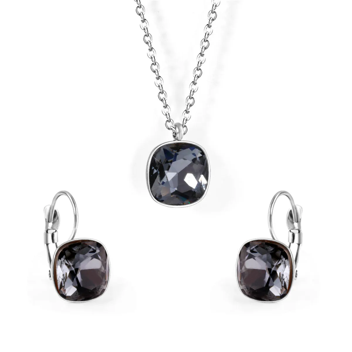 Gray Crystal & Silver-Plated Square Leverback Earrings & Pendant Necklace