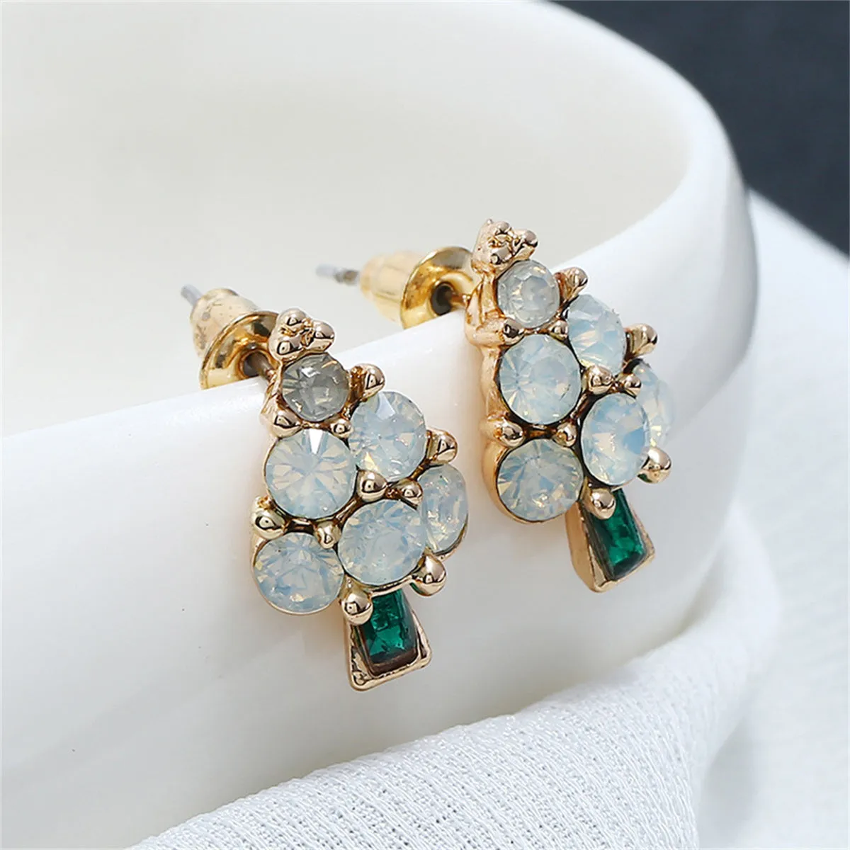 Green Crystal & Cubic Zirconia Christmas Tree Stud Earrings