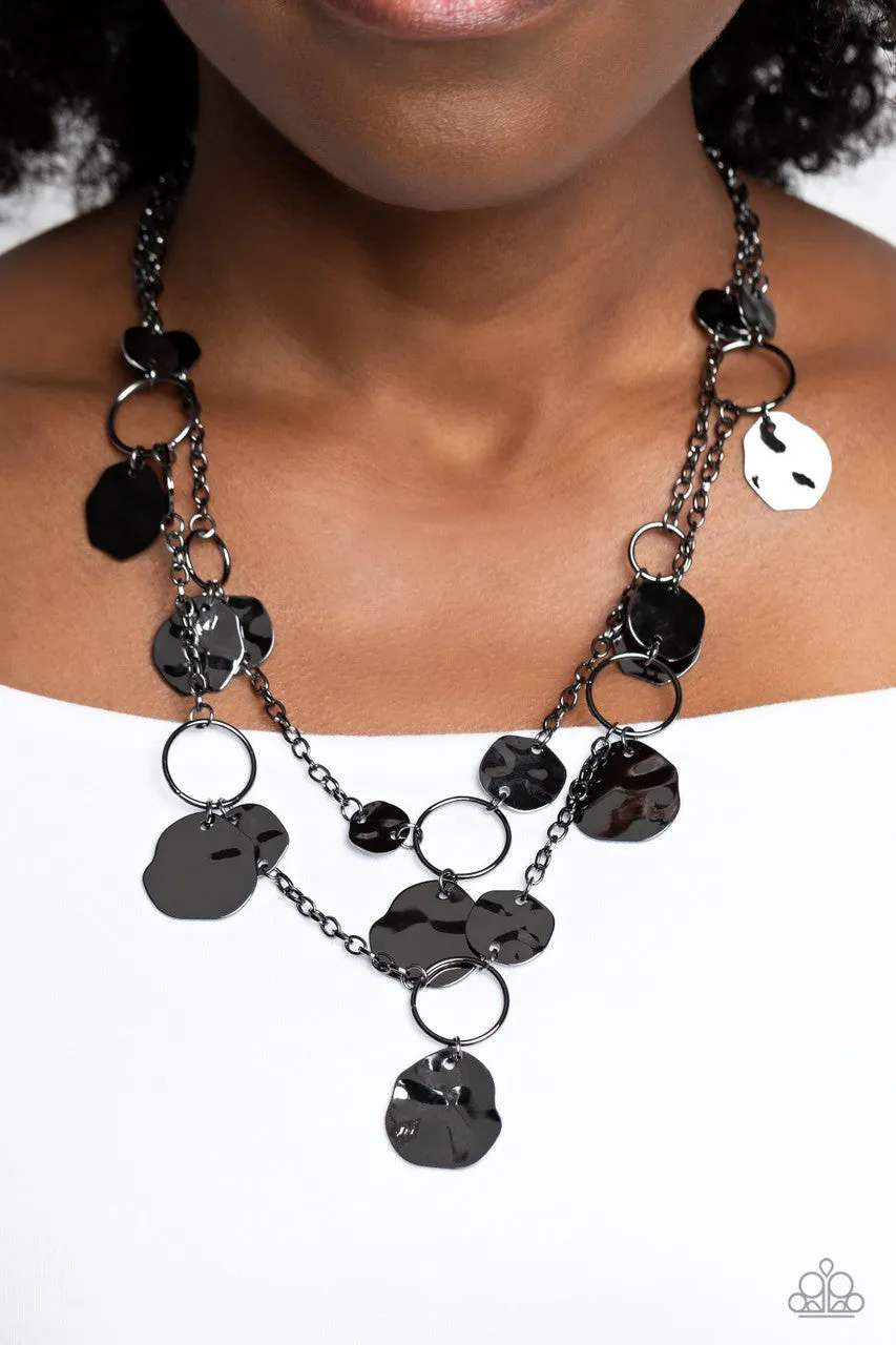 Hammered Horizons - Black - Gunmetal Asymmetrical Disc Tiered Paparazzi Short Necklace