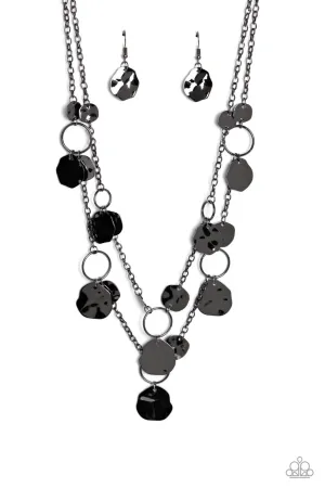 Hammered Horizons - Black - Gunmetal Asymmetrical Disc Tiered Paparazzi Short Necklace