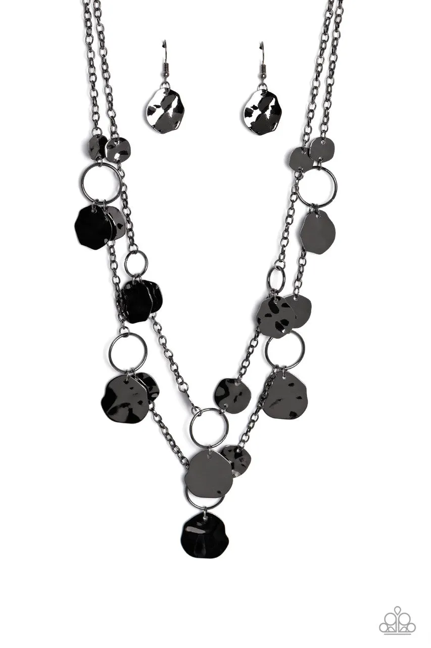 Hammered Horizons - Black - Gunmetal Asymmetrical Disc Tiered Paparazzi Short Necklace