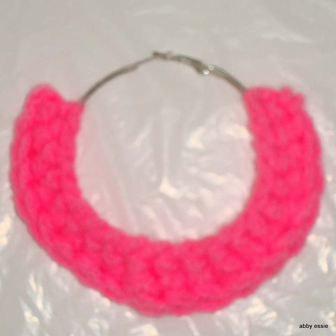 HANDMADE COTTON CANDY PINK CROCHET HOOP EARRINGS METAL CLOSURE HOOP