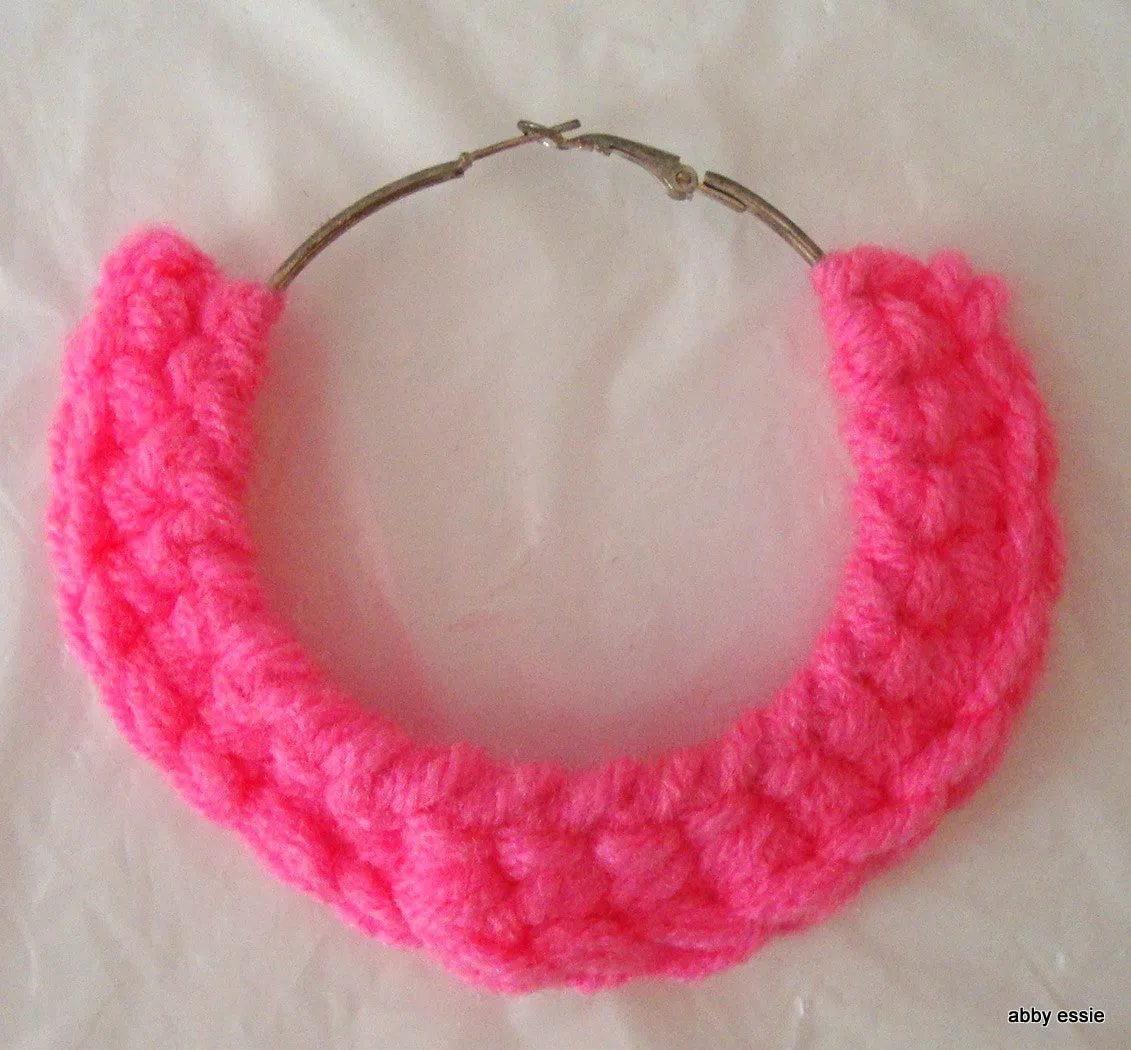 HANDMADE COTTON CANDY PINK CROCHET HOOP EARRINGS METAL CLOSURE HOOP