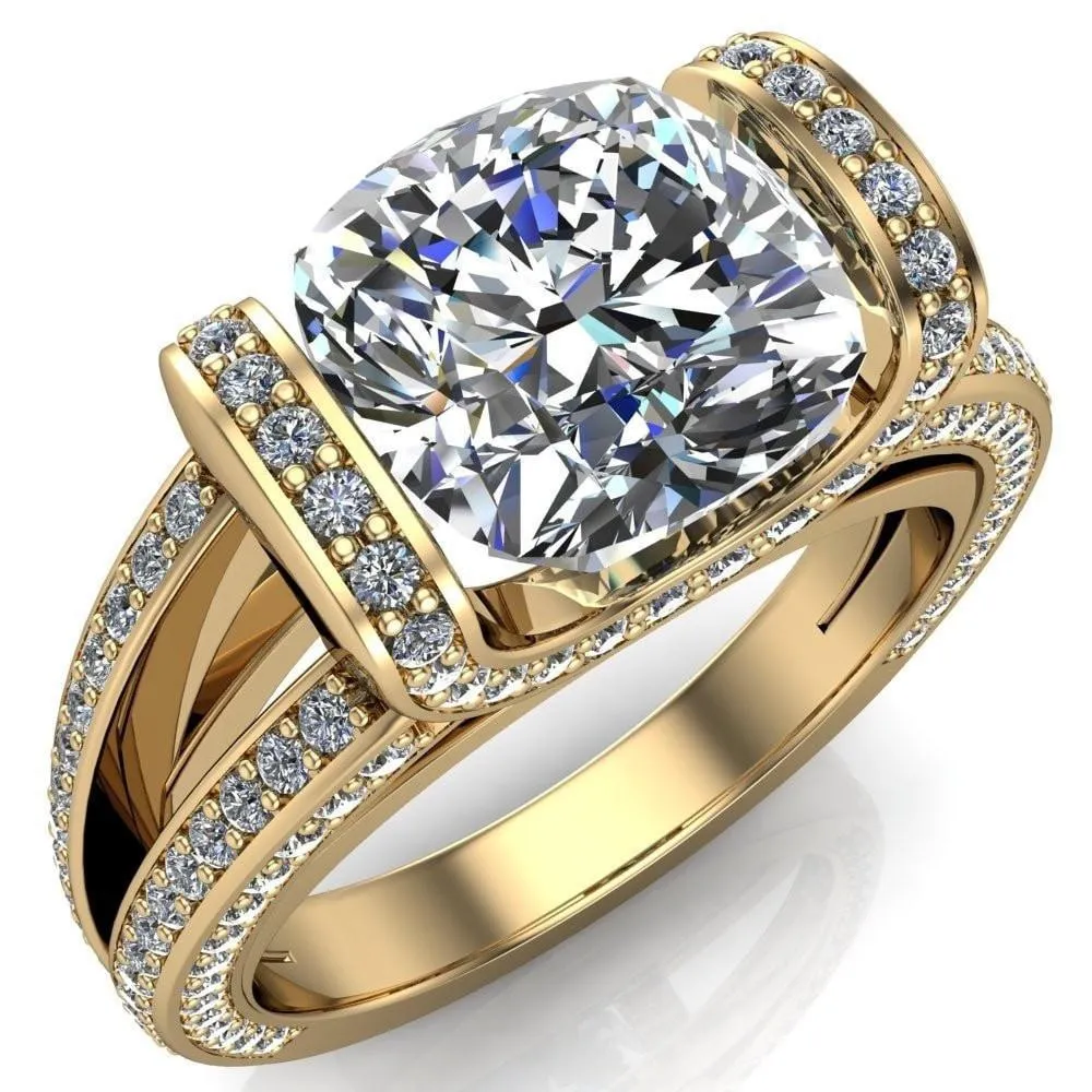 Harlow Cushion Center Stone Half Bezel Split Shank Diamond Channel Cathedral Ring