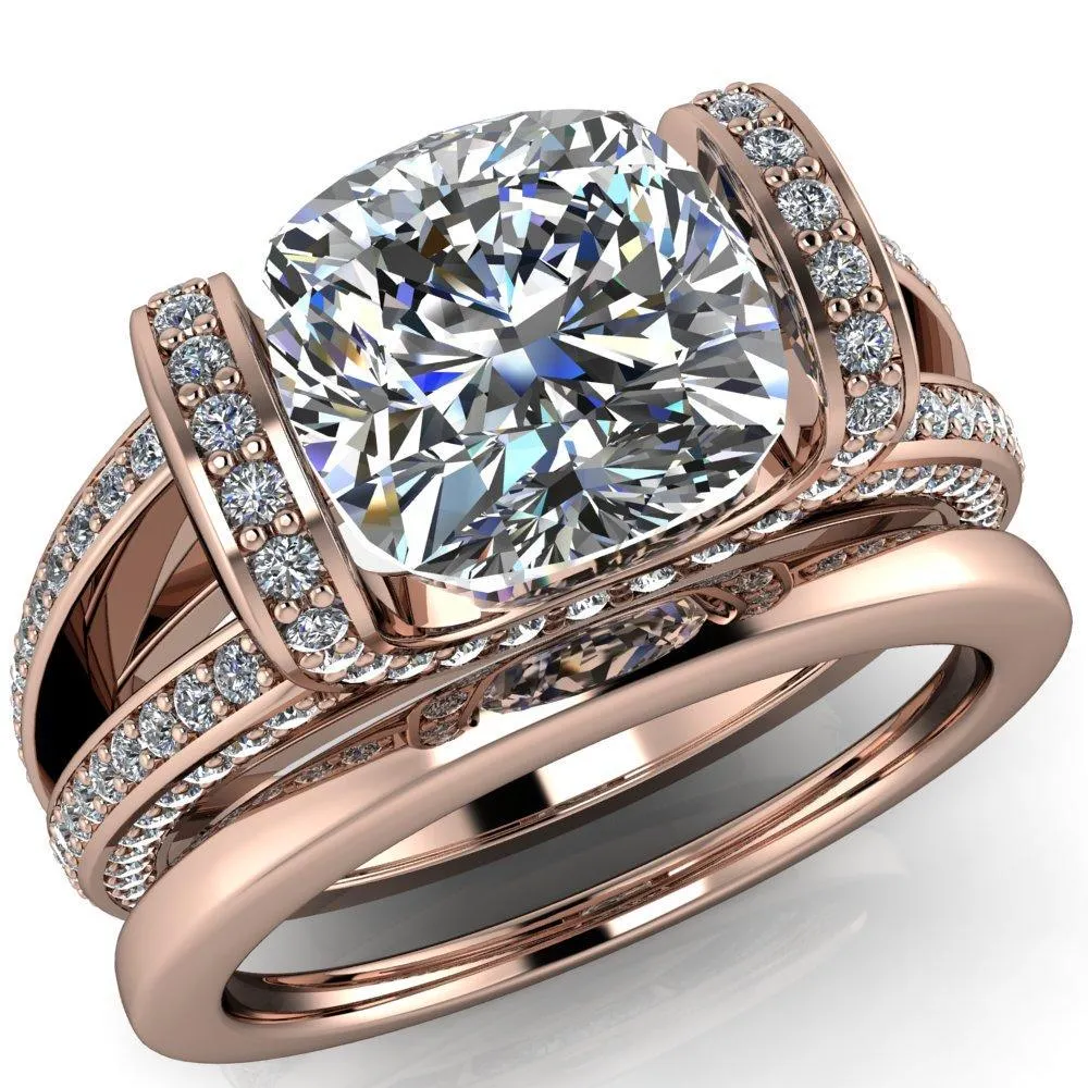 Harlow Cushion Center Stone Half Bezel Split Shank Diamond Channel Cathedral Ring