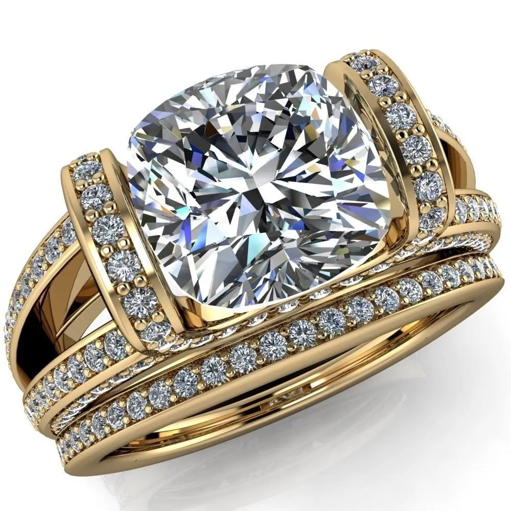 Harlow Cushion Center Stone Half Bezel Split Shank Diamond Channel Cathedral Ring