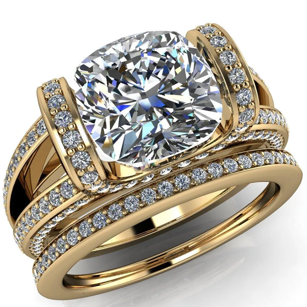 Harlow Cushion Center Stone Half Bezel Split Shank Diamond Channel Cathedral Ring