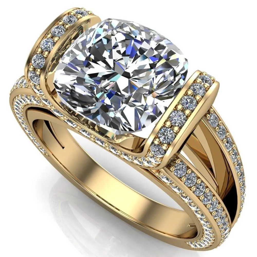 Harlow Cushion Center Stone Half Bezel Split Shank Diamond Channel Cathedral Ring