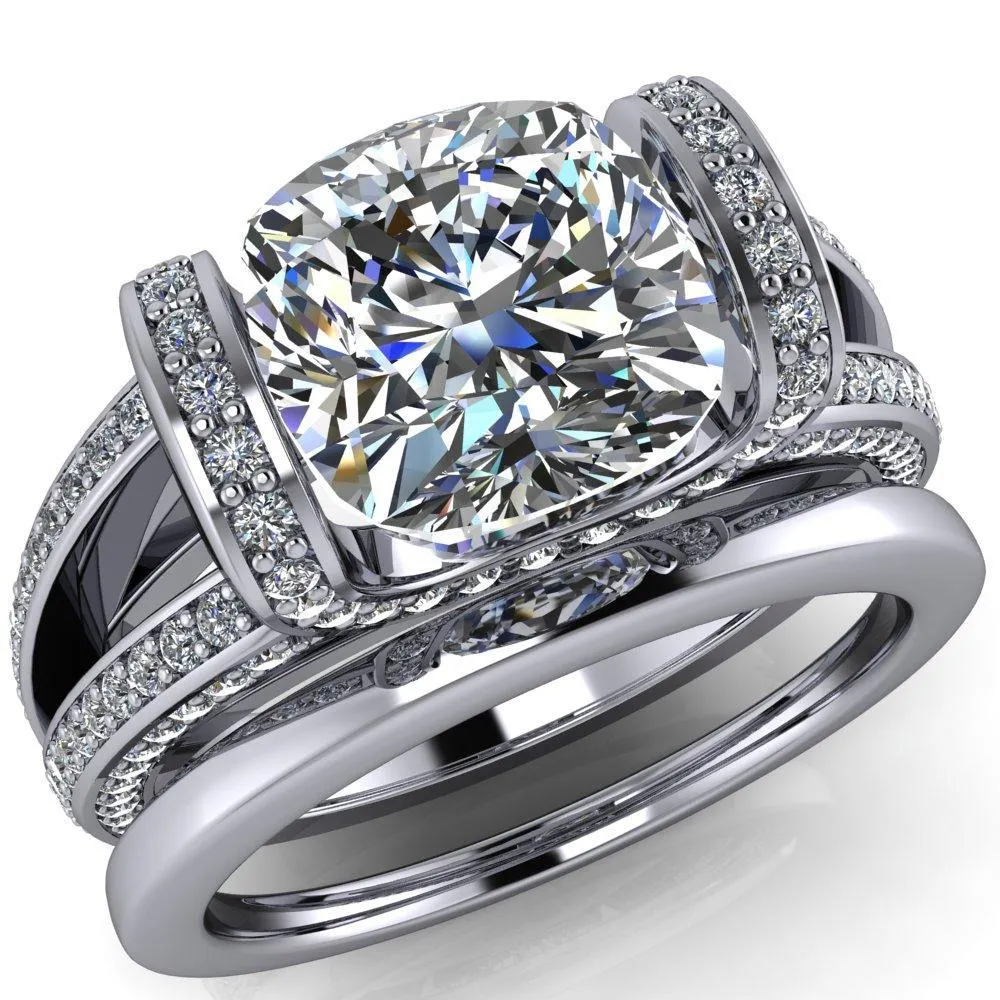 Harlow Cushion Center Stone Half Bezel Split Shank Diamond Channel Cathedral Ring