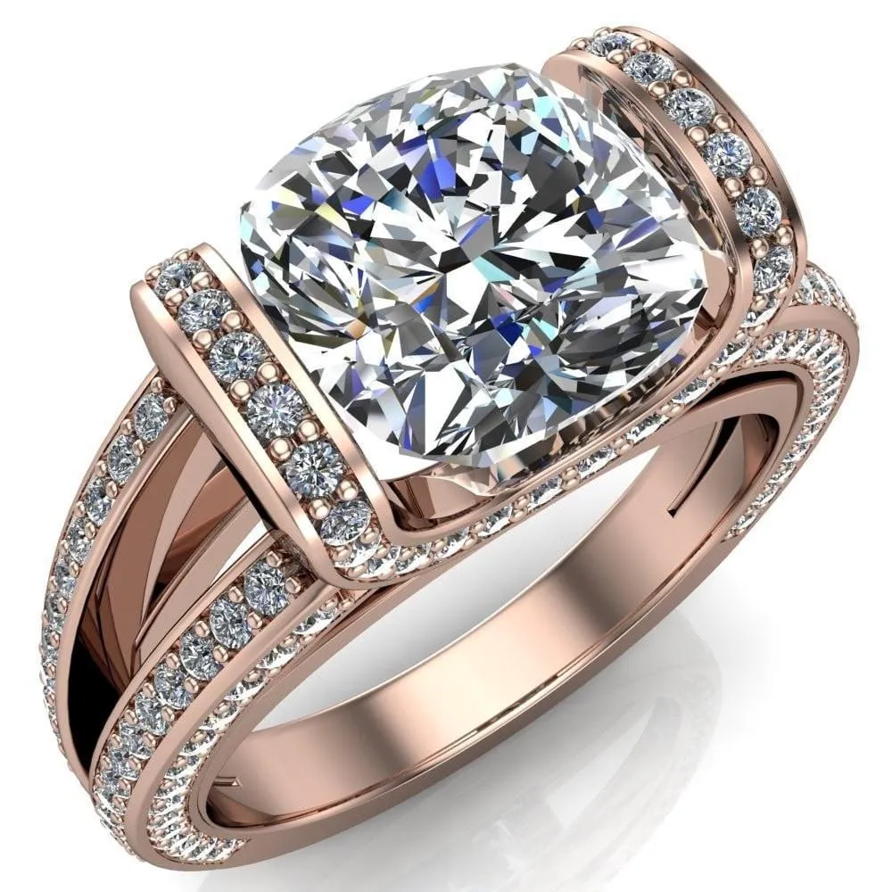 Harlow Cushion Center Stone Half Bezel Split Shank Diamond Channel Cathedral Ring