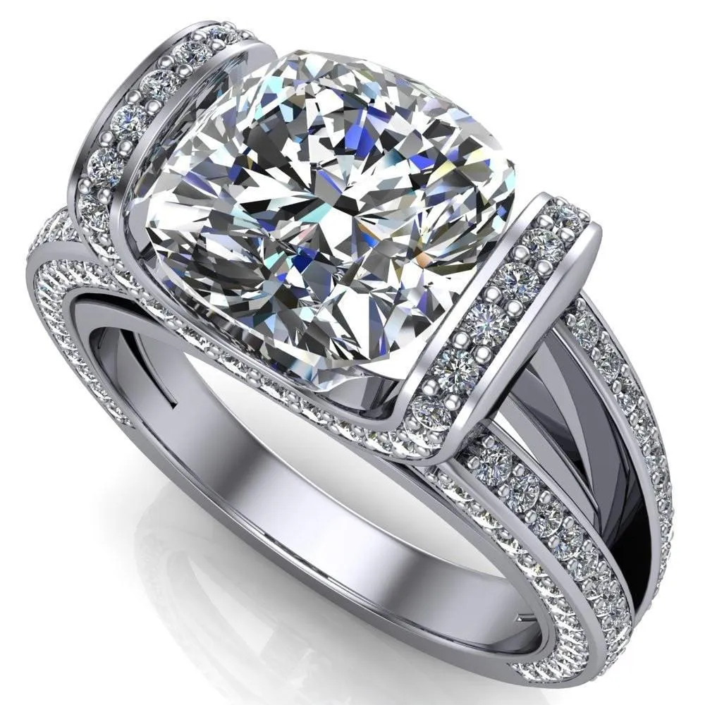 Harlow Cushion Center Stone Half Bezel Split Shank Diamond Channel Cathedral Ring