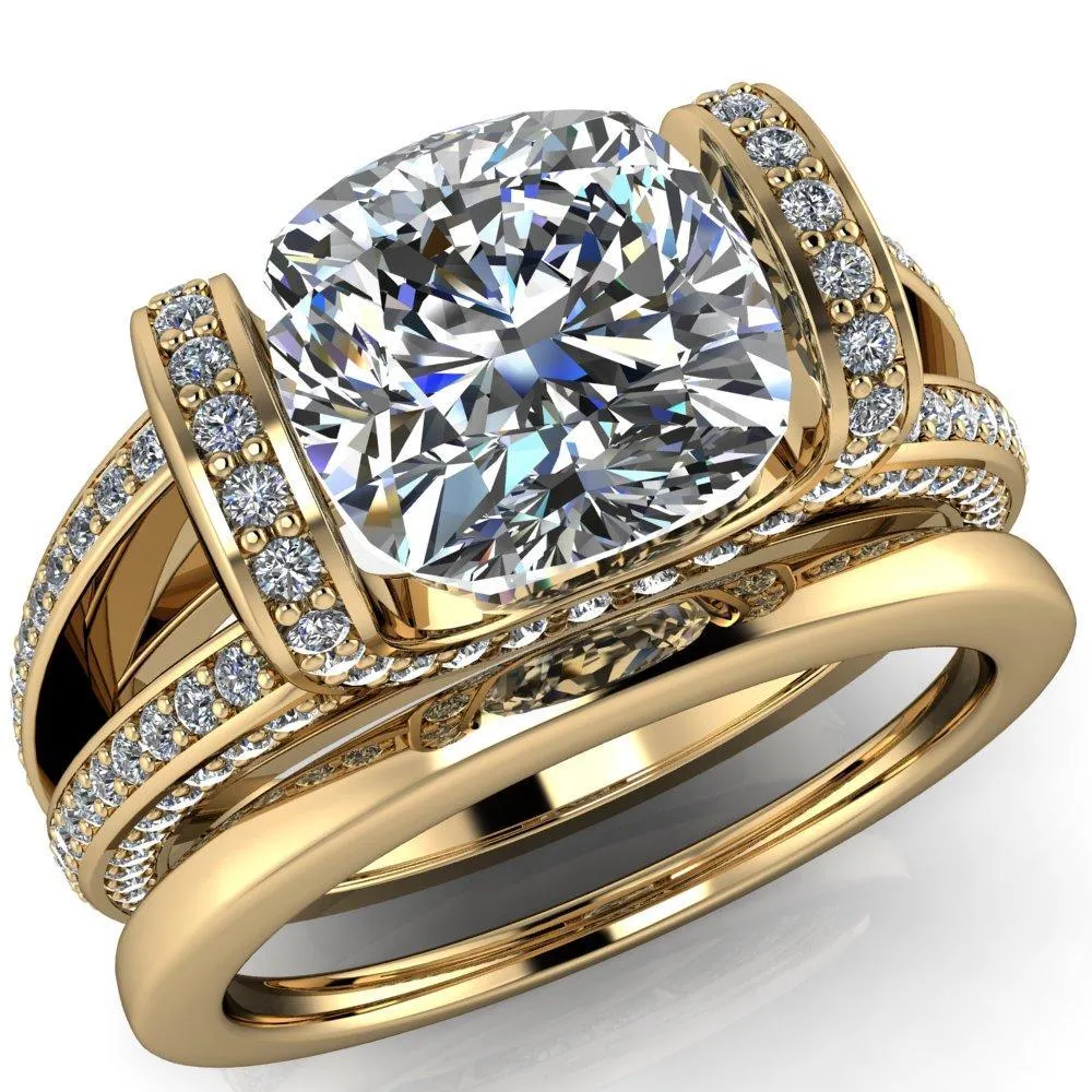 Harlow Cushion Center Stone Half Bezel Split Shank Diamond Channel Cathedral Ring
