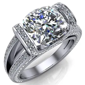 Harlow Cushion Center Stone Half Bezel Split Shank Diamond Channel Cathedral Ring