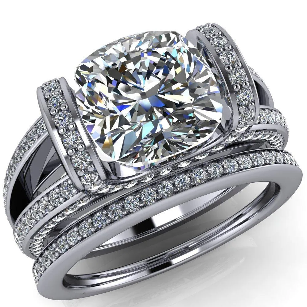 Harlow Cushion Center Stone Half Bezel Split Shank Diamond Channel Cathedral Ring