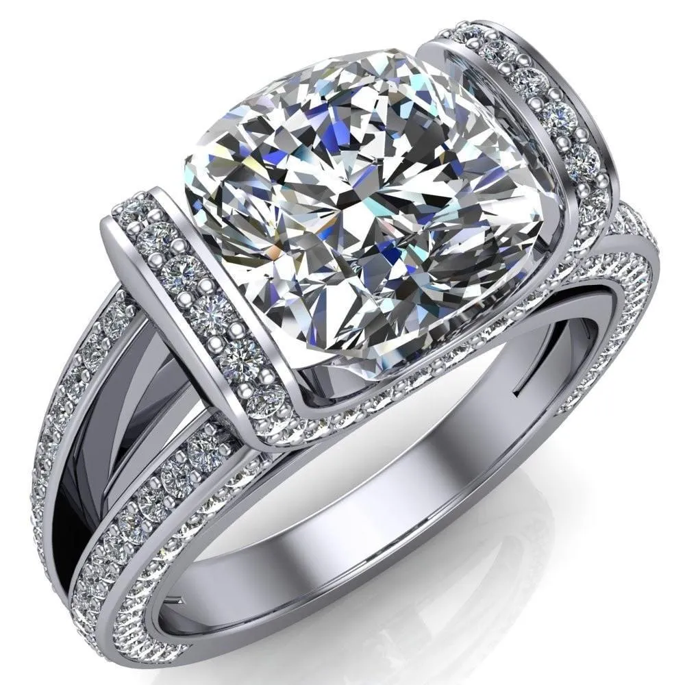 Harlow Cushion Center Stone Half Bezel Split Shank Diamond Channel Cathedral Ring