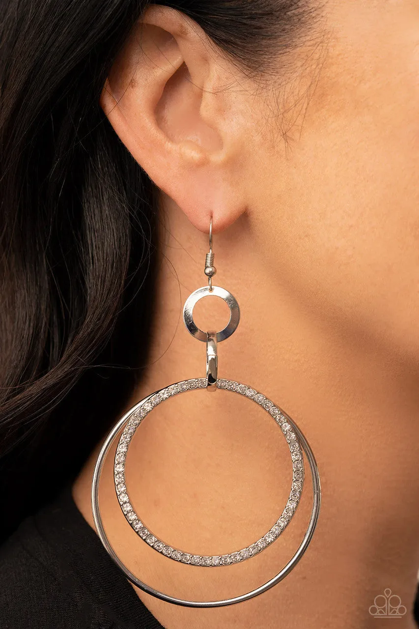 Haute Hysteria - White - Rhinestone Silver Hoops Paparazzi Fishhook Earrings