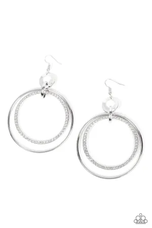 Haute Hysteria - White - Rhinestone Silver Hoops Paparazzi Fishhook Earrings
