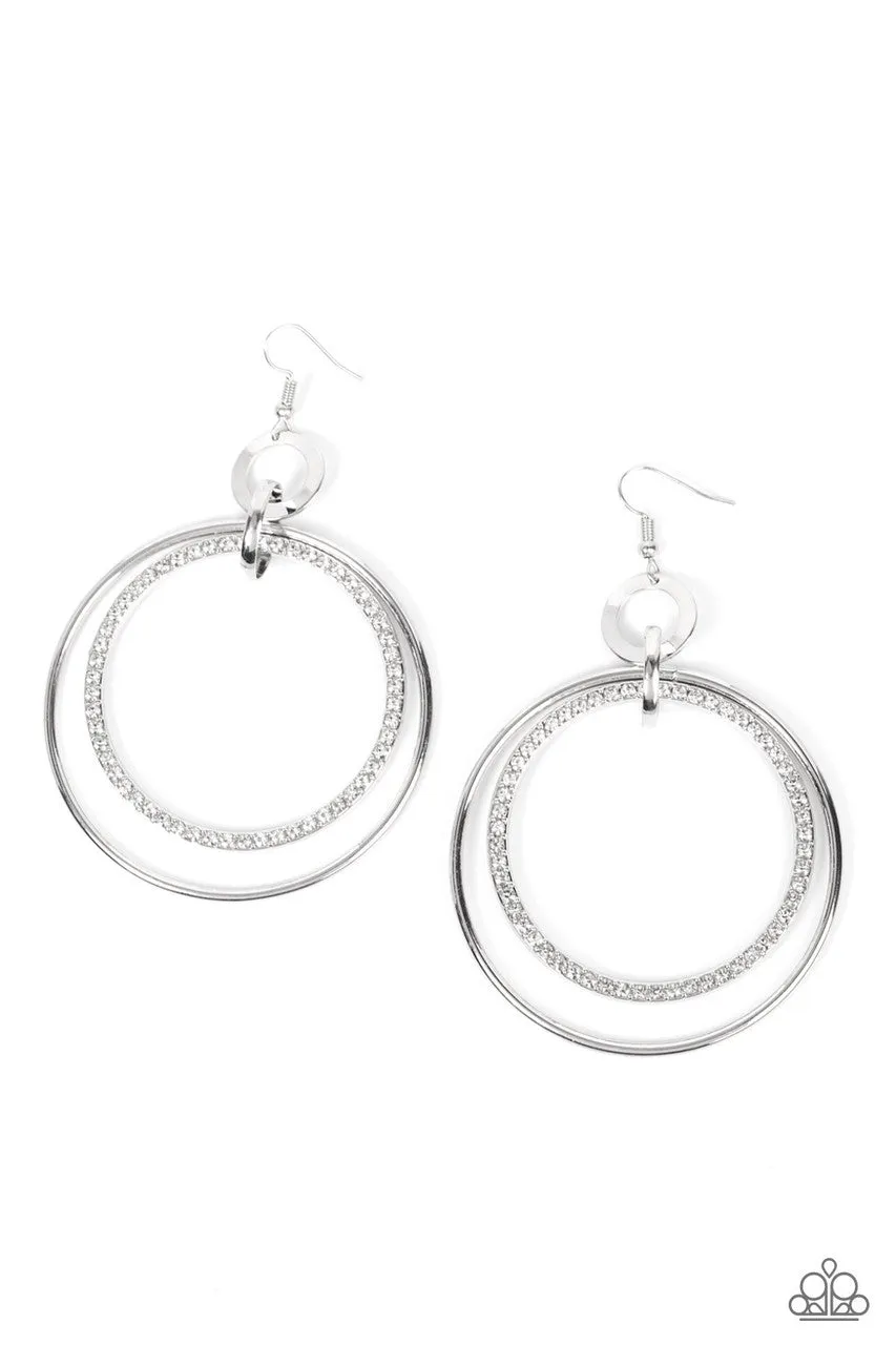 Haute Hysteria - White - Rhinestone Silver Hoops Paparazzi Fishhook Earrings