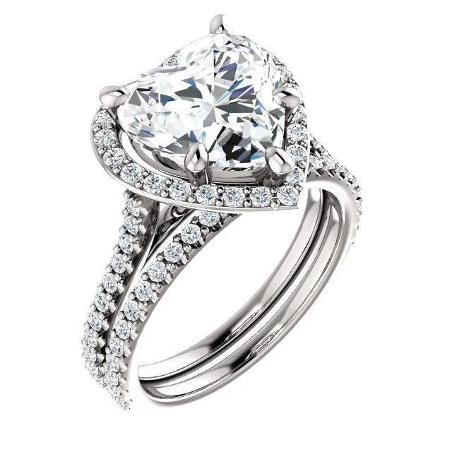 Heart Moissanite Diamond Accent Ice Halo Bezel Ring