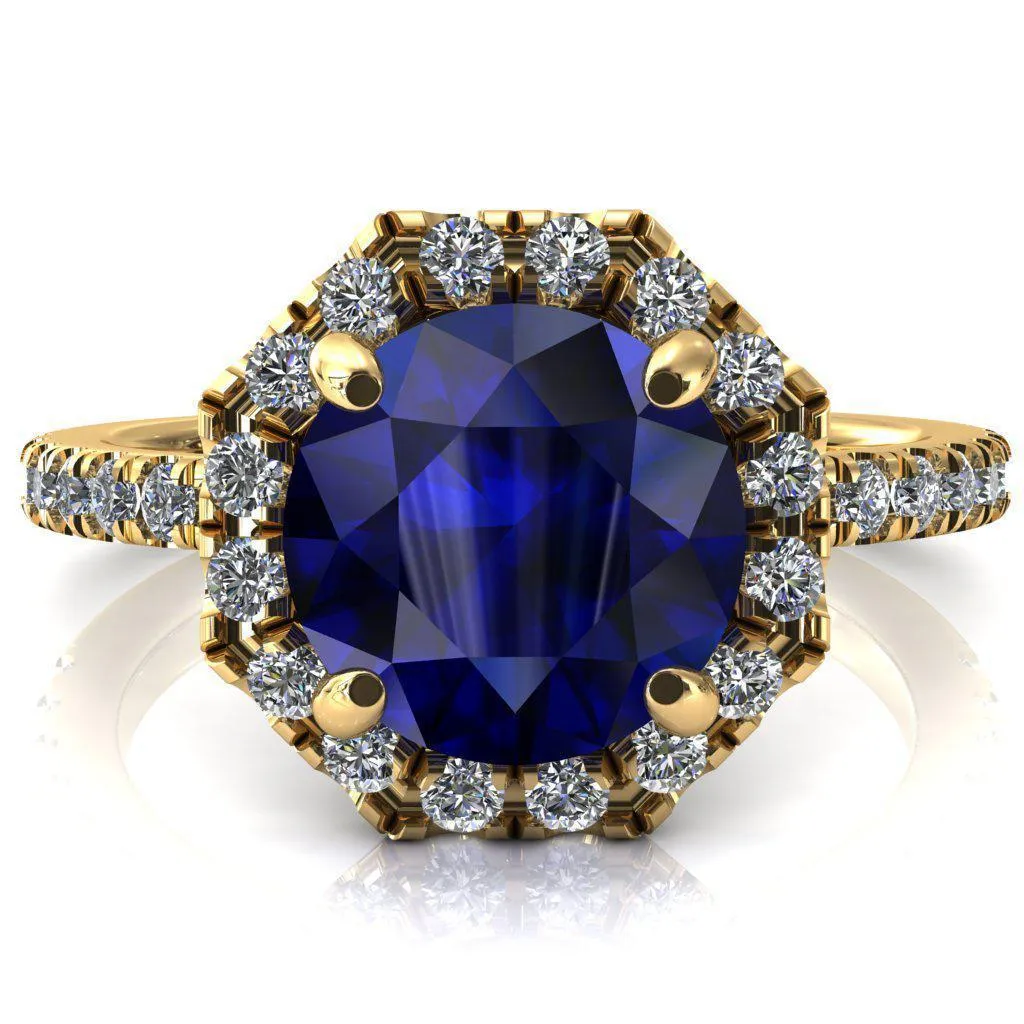 Henrietta Round Blue Sapphire 4 Prong Halo 3/4 Micropave Engagement Ring