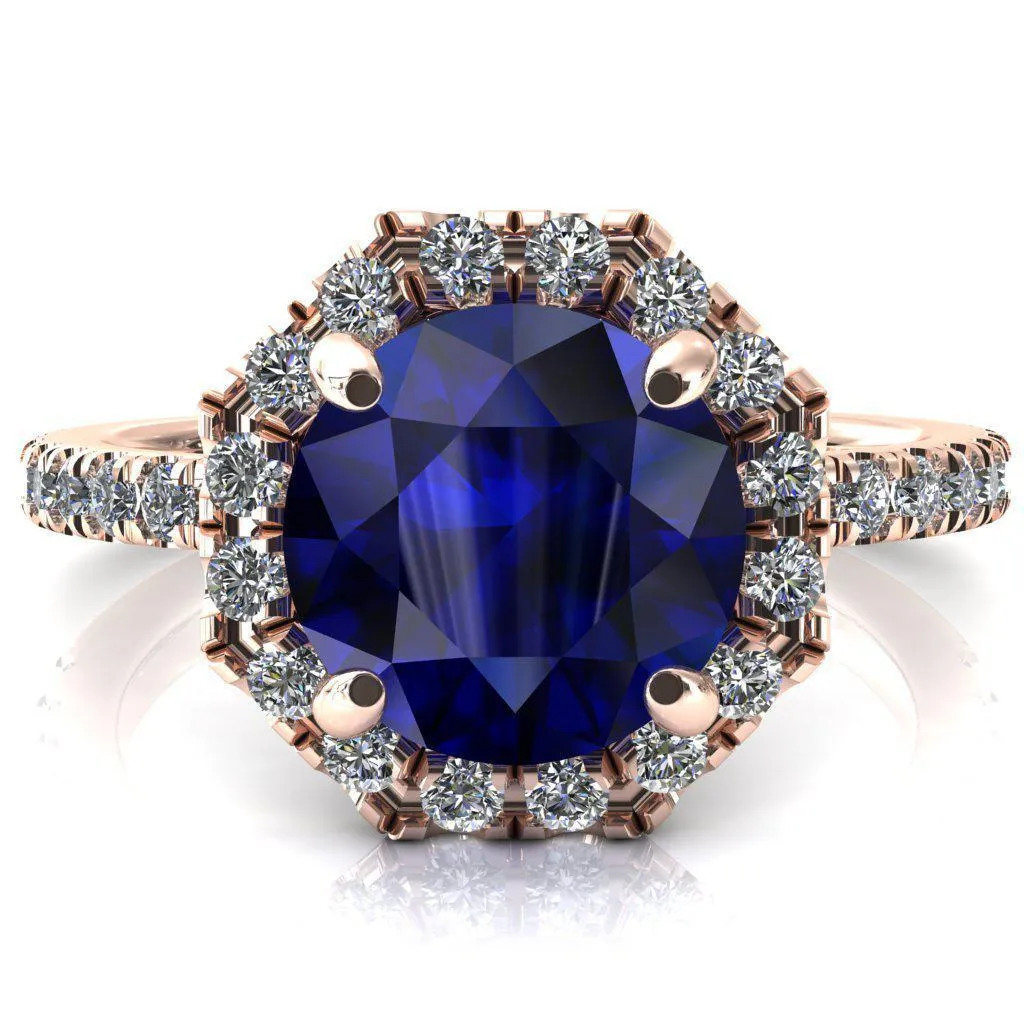 Henrietta Round Blue Sapphire 4 Prong Halo 3/4 Micropave Engagement Ring