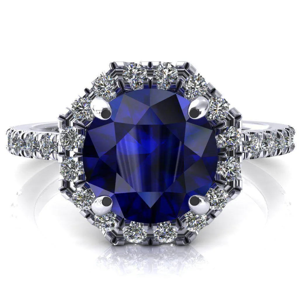 Henrietta Round Blue Sapphire 4 Prong Halo 3/4 Micropave Engagement Ring