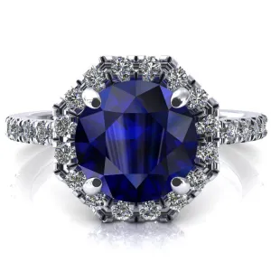 Henrietta Round Blue Sapphire 4 Prong Halo 3/4 Micropave Engagement Ring