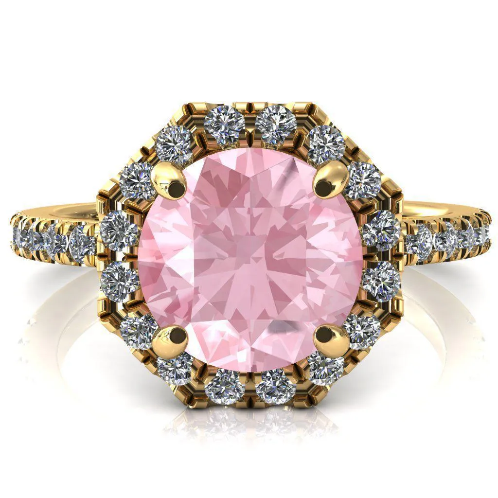 Henrietta Round Pink Sapphire 4 Prong Halo 3/4 Micropave Engagement Ring