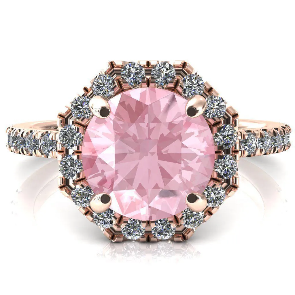 Henrietta Round Pink Sapphire 4 Prong Halo 3/4 Micropave Engagement Ring
