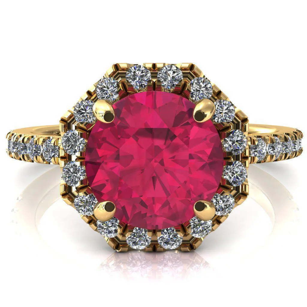 Henrietta Round Ruby 4 Prong Halo 3/4 Micropave Engagement Ring