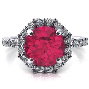 Henrietta Round Ruby 4 Prong Halo 3/4 Micropave Engagement Ring