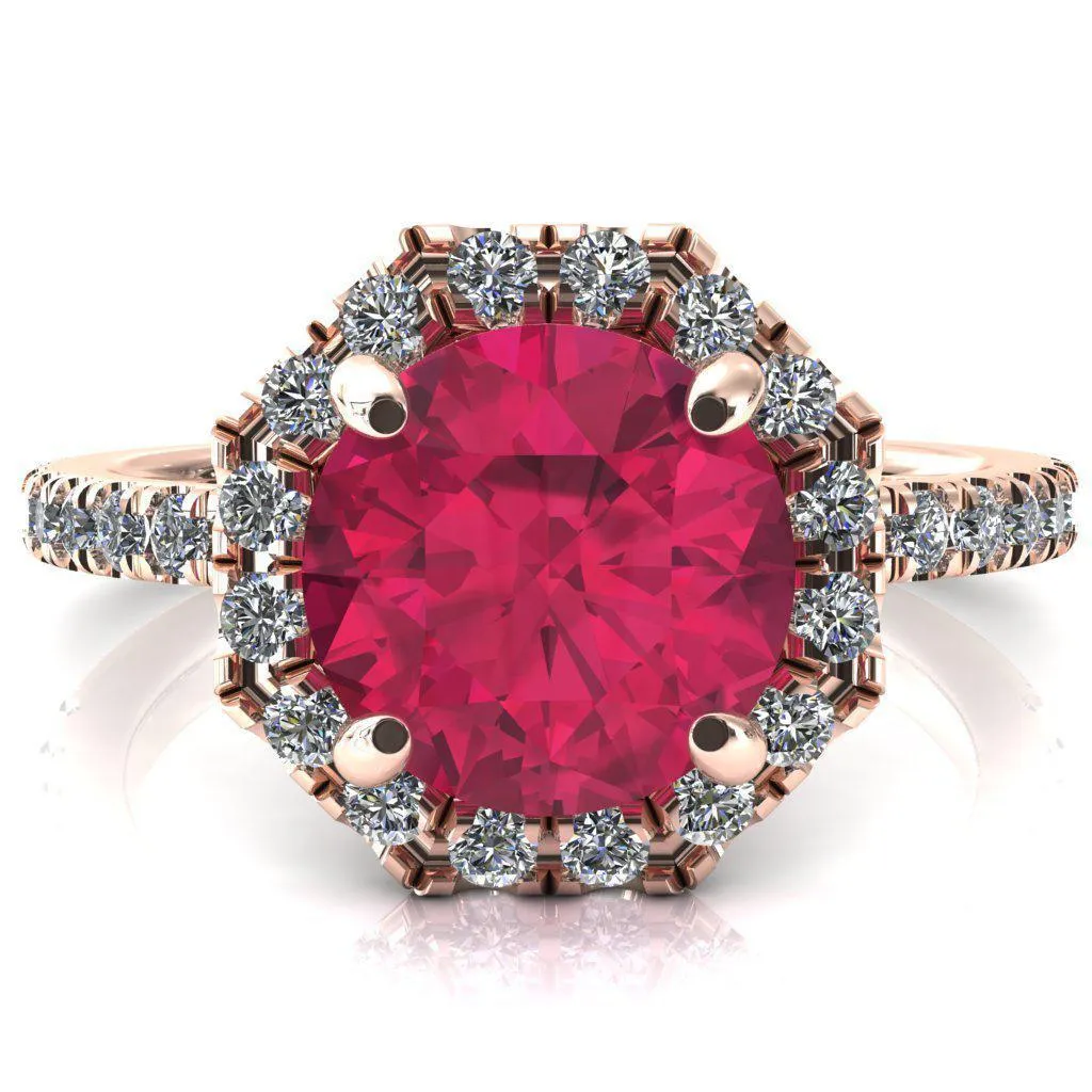 Henrietta Round Ruby 4 Prong Halo 3/4 Micropave Engagement Ring
