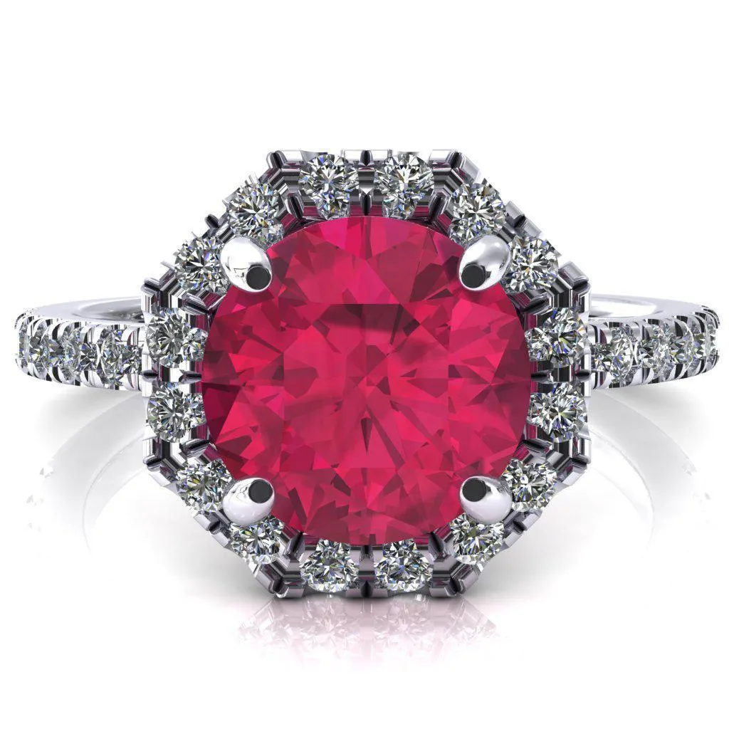 Henrietta Round Ruby 4 Prong Halo 3/4 Micropave Engagement Ring