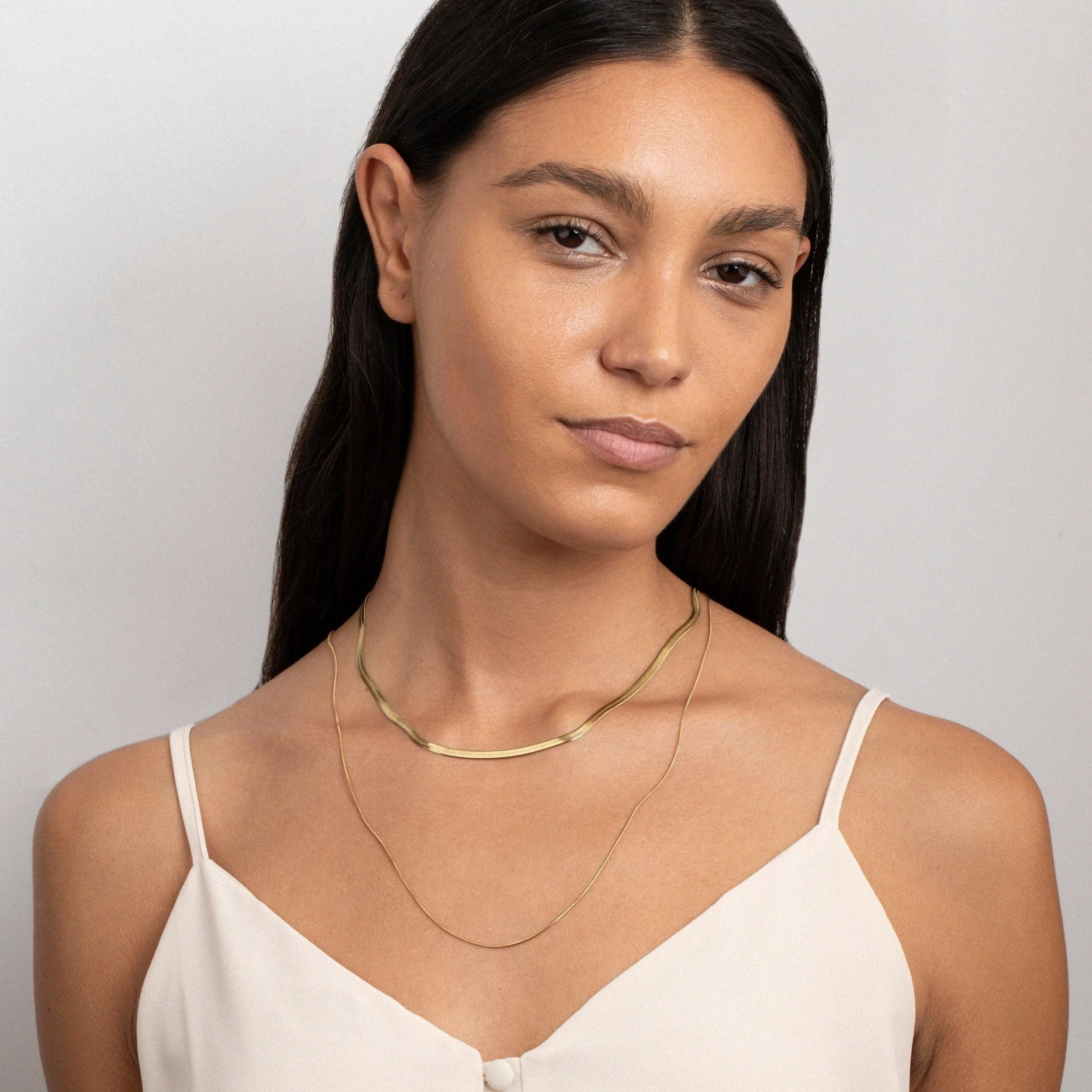 Herringbone Necklace with Slim Layered Chain - Dual Chain