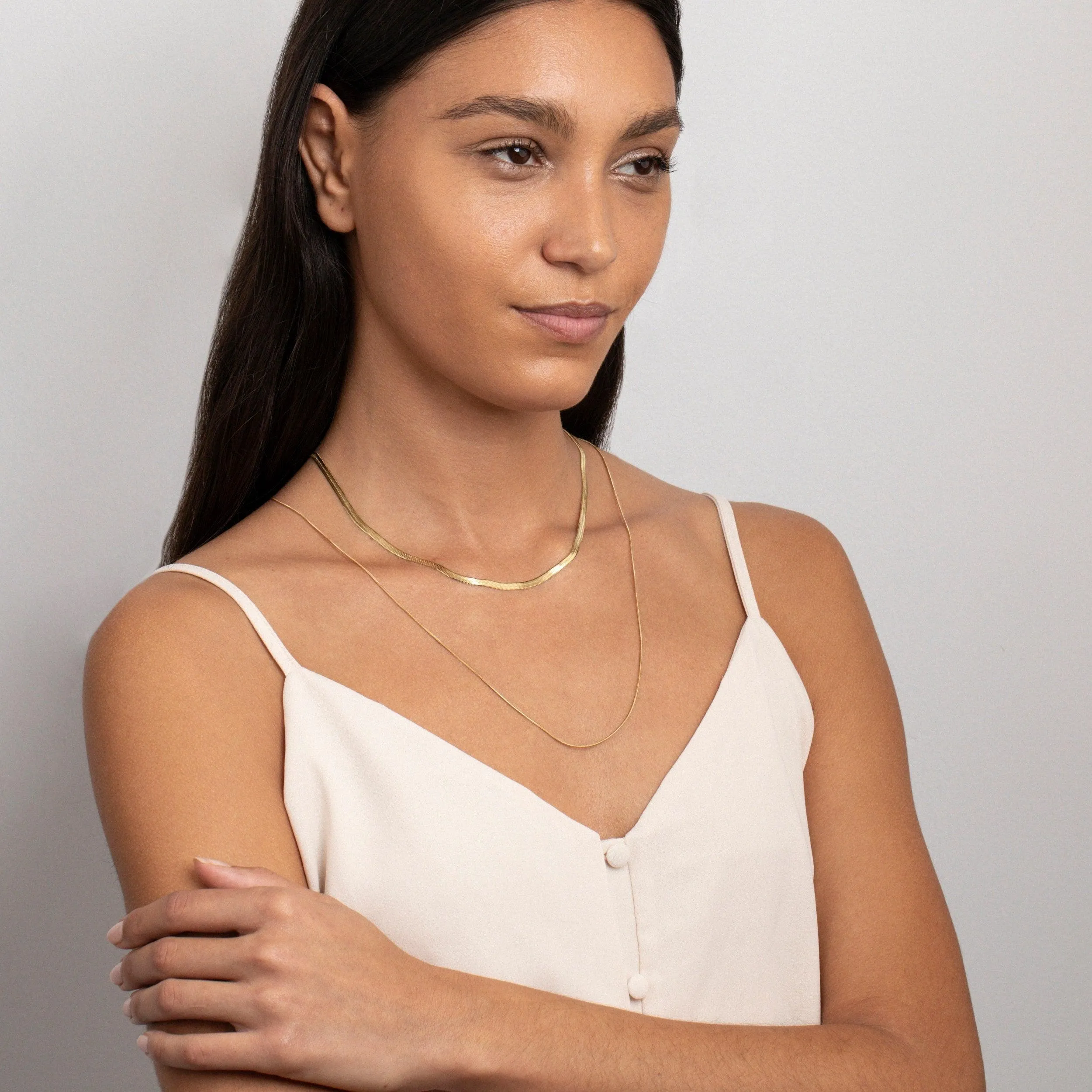 Herringbone Necklace with Slim Layered Chain - Dual Chain