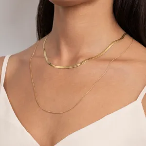 Herringbone Necklace with Slim Layered Chain - Dual Chain