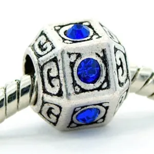 Hexagon Royal Blue Created Birthstone September Charm European Bead Compatible for Most European Snake Chain Bracelet